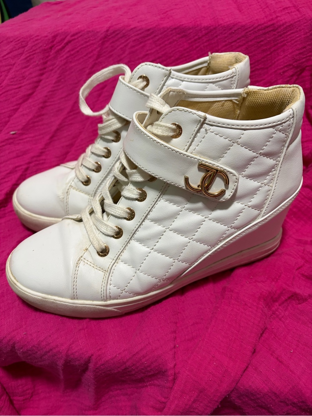 Juicy Couture White Quilted High-Top Wedge Sneakers with Gold Hardware